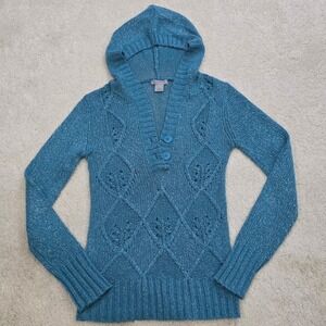 Arizona Jean Company Teal Blue Sparkle Knit Hooded Pullover Sweater L